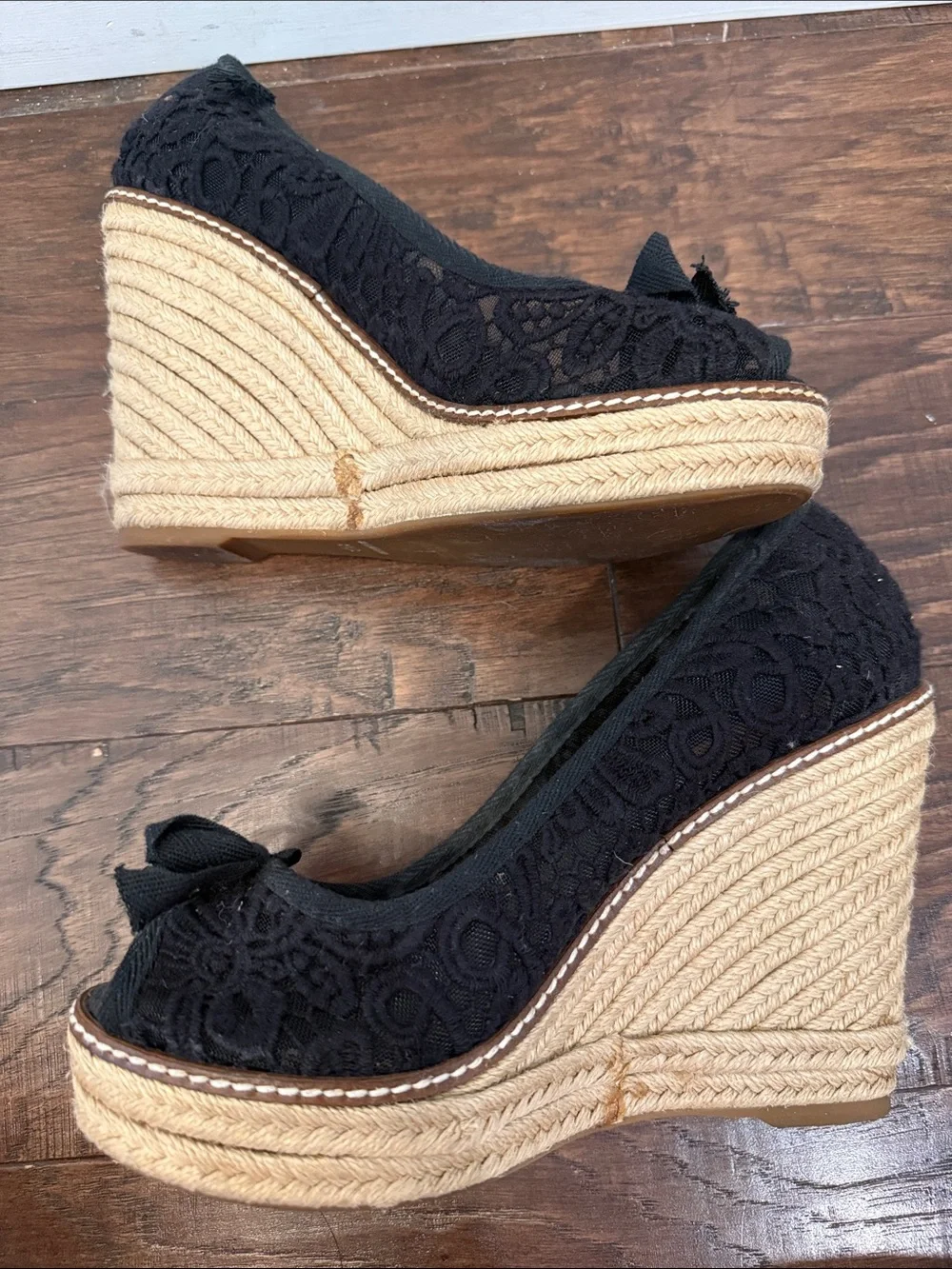 Tory Burch Black Lace Espadrille Wedge Flats with Logo Charm
